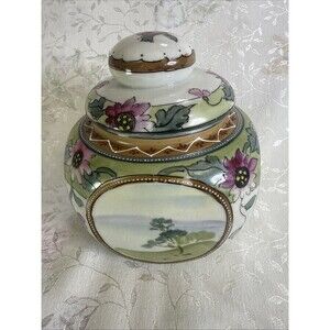 Antique Japan Hand Painted Nippon Moriage Beaded  Lotus Floral Scenic, 1900’s